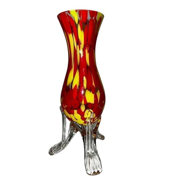 VTG Franz Welz Red and Yellow Spatter Vase on Clear glass Strutted Tripod Legs - Picture 1 of 6
